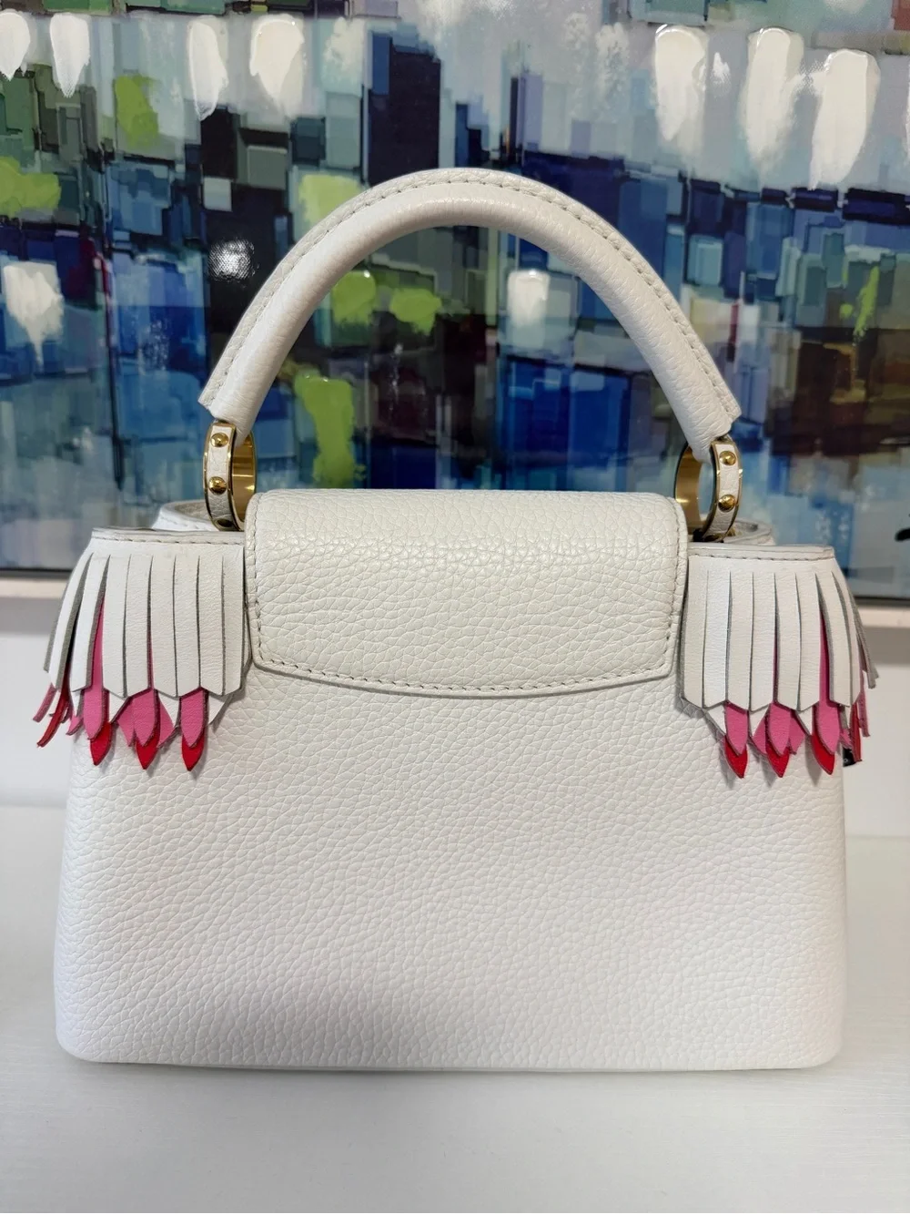 Limited Edition Louis Vuitton White Capucine with Pink Fringe and Gold Hardware